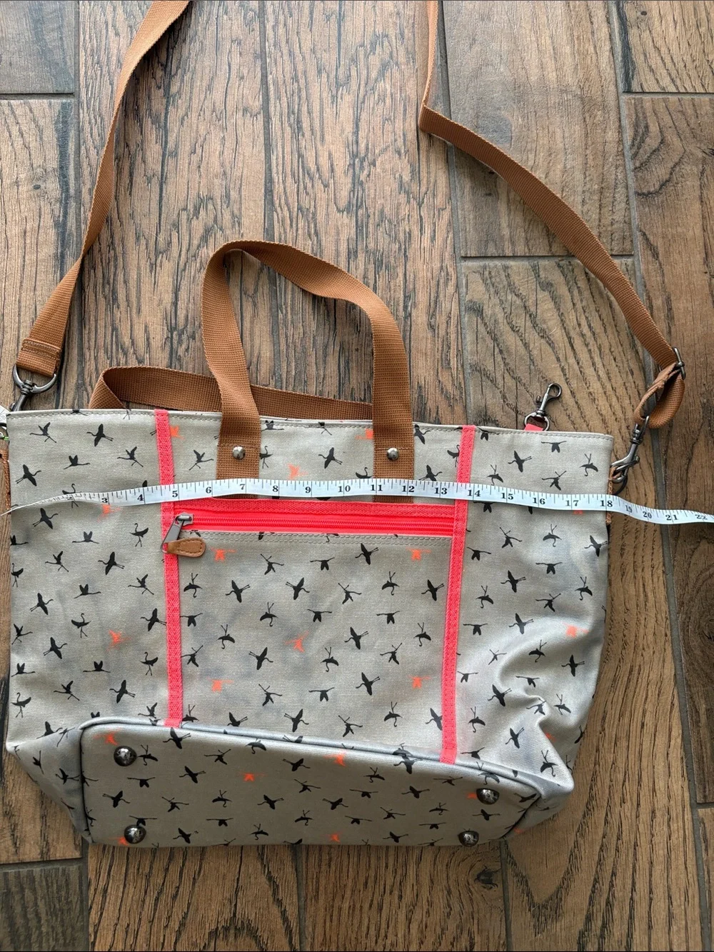 Kavu Tote Bag in Tan with Brown Straps and Coral Accents